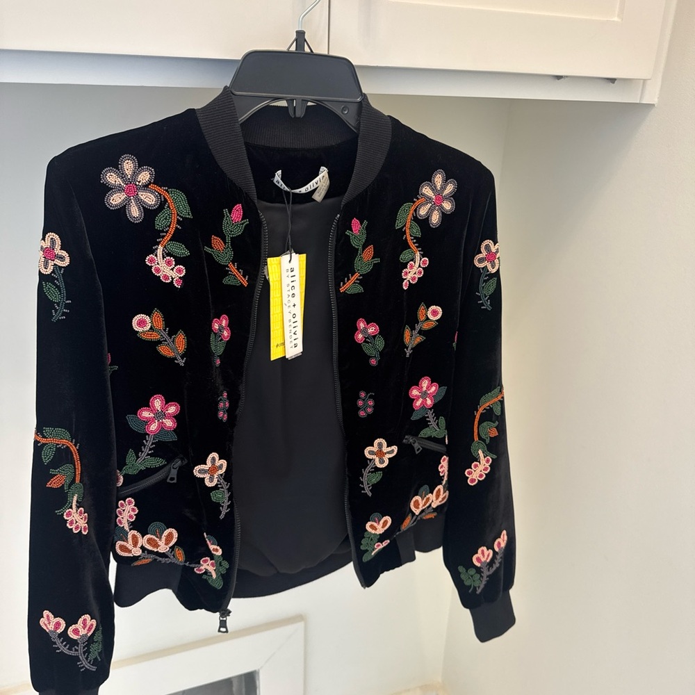NWT Alice and Olivia embroidered beaded velvet black bomber jacket